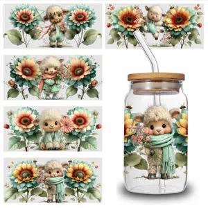 5 Sheets Sheep Flowers UV DTF Stickers Themed UV DTF Transfer Paper - Waterproof & Scratch Resistant, 3D Crystal Clear Decals for Glass Cups, Mugs, Laptops, Refrigerators