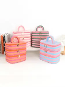 Three-Layer Striped Makeup Bag, Large Capacity Handheld Wash Bag, Travel Portable Cosmetic Storage Bag with Dividers, Suitable for All Seasons