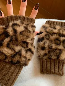 Women's Leopard Print Half-Finger Gloves, Thickened Winter Accessories, Fashionable Fall & Winter Handwear, Pair Pack
