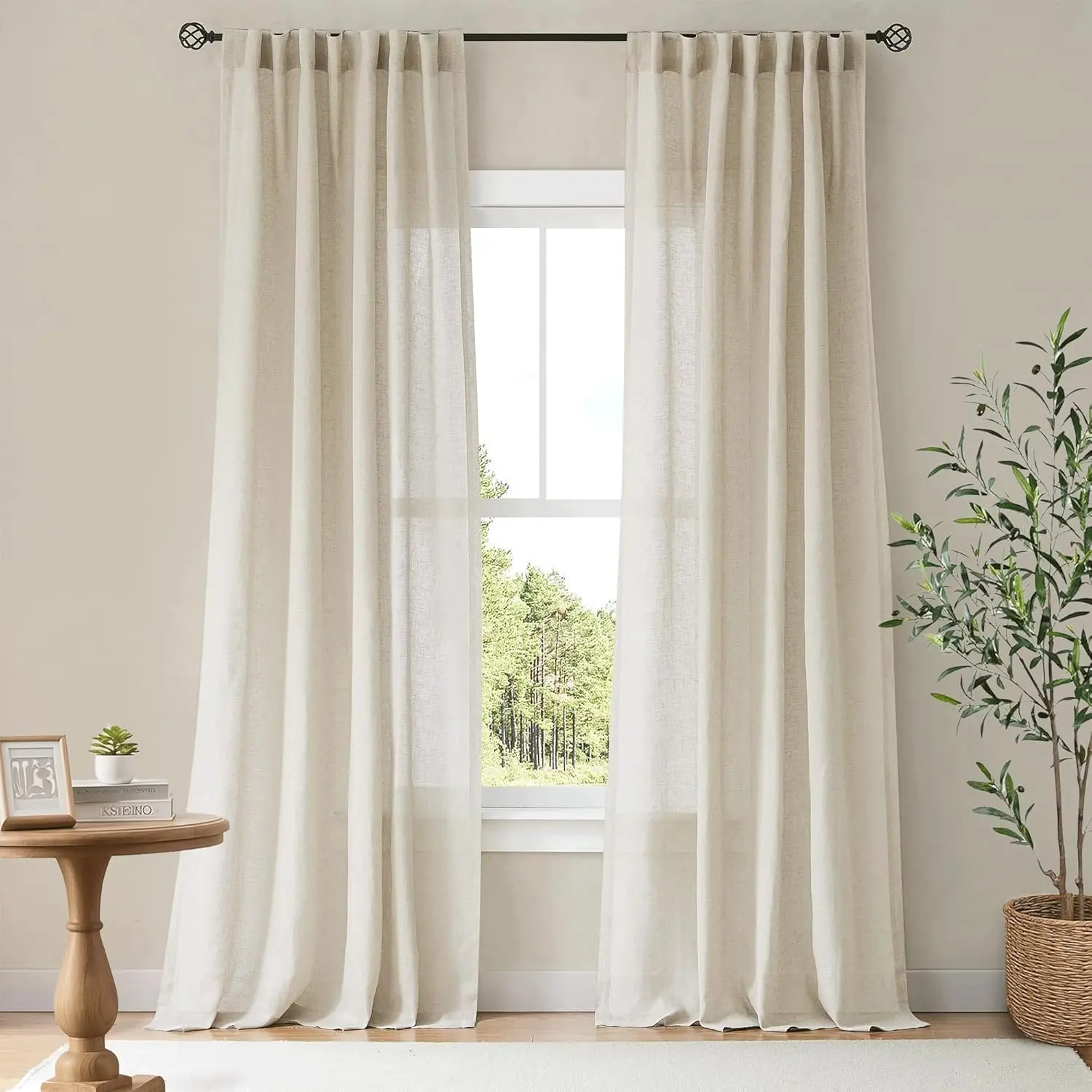 NICETOWN Linen Curtains & Drapes for Windows Rod Pocket & Back Tab Thick Flax Semi Sheer Privacy Assured with Light Filtering for Bedroom/Living Room,  2 Pieces