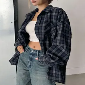 Women's Loose Plaid Street Casual School Uniform Shirt,Flannels Women Long Sleeve Blouses Fabric Top