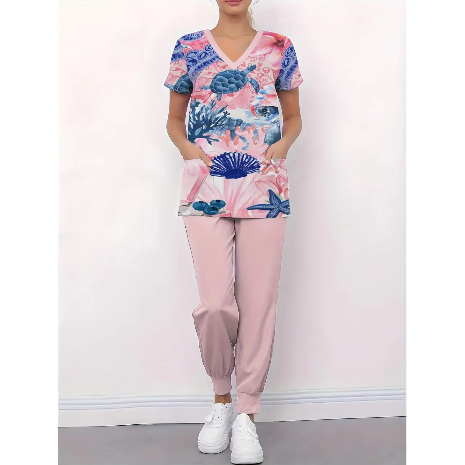 Pink Undersea Turtle & Coral Print Women's V-Neck Two-Piece Set - Casual Polyester Outfit with Pockets, Short Sleeve & Regular Fit, Ensuring Comfort & Joy