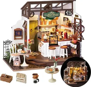 DIY Miniature House Kit Flavory Coffee Shop, Tiny House Kit for Adults to Build, Mini House Making Kit with Furnitures, Halloween/Christmas Decorations/Gifts for Family and Friends (NO.17 Café)