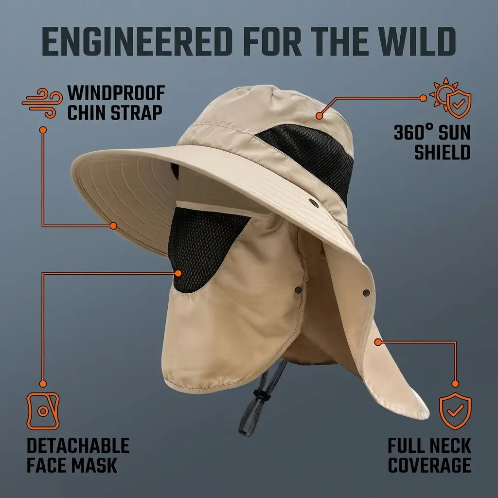 Sun Protection Fishing Hat with Detachable Face & Neck Cover, Breathable Wide Brim Outdoor Cap for Men & Women Flap, Adjustable Visor, UV Shielding, Front Brim Vented Sports & Outdoor Hat, Ideal for Hiking, Camping, Summer Gift Option