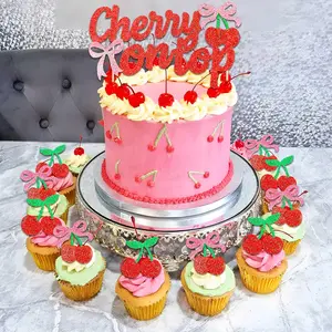 LaVenty cake shed cake topper gender reveal Cherry On The Top Cake Topper Set - 13 Vibrant Glittery Cherry Cupcake Toppers for Girls Birthday Party, Baby Shower, Bridal Shower, and Summer Fruit Themed Decorations