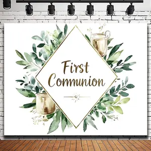 1pc 2D Flat Glam Style Polyester First Communion Backdrop Banner - Religious Baptism Photography Decoration, Photo Booth Prop for Christmas, New Year, Universal Winter Holidays - Rectangle, No Ele Ornaments White