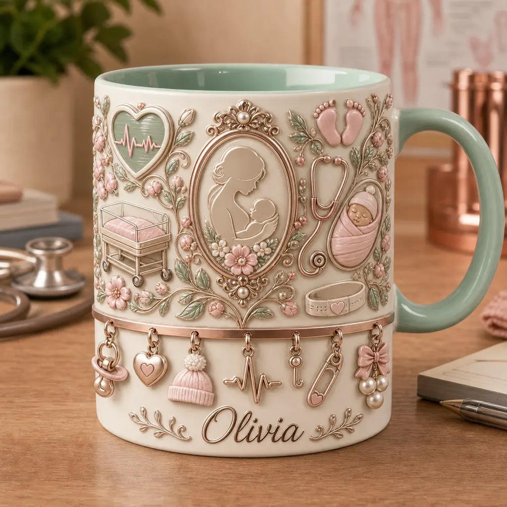 Personalized Labor Delivery Nurse Mug, Custom Sage Handle Ceramic Cup, 2D Printed 3D Effect Mother Baby Medical Design, For Nurses Women Healthcare Workers, Nurse Appreciation Birthday Gift, Nursing Keepsake