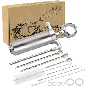 304-Stainless Steel Meat Injector Syringe Kit with 4 Marinade Needles for BBQ Grill Smoker 2-oz Large Capacity Includes User Manual & E-Book Recipe, gifts for men dad husband women wife for father's day mother's day birthday holiday Christmas day