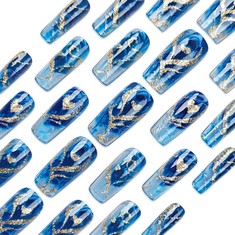 24 Pack Blue ombre Fake Nails - Gold Glitter Wave Heart Press on Nails with Bling Rhinestones（Reusable, No Glue Needed） 【Key Features】24PCS Gradient Blue Hearts Press on Nails 💎 Gold Wave Glitter Fake Nails For Teens 🔥 Quick Apply 30s