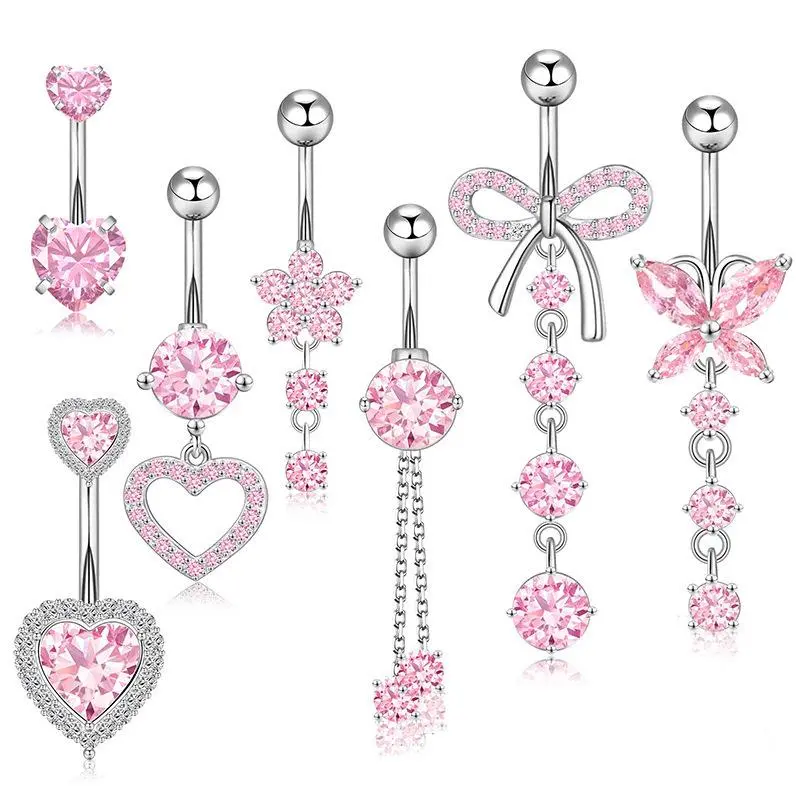 Women's 14G Surgical Steel Belly Button Rings - Silver CZ Dangle Body Jewellery, Cute Abdominal Ring with Decorative Body Stones and Rose Gold Charms, Cute Piercing Jewelry, Abdominal Ring Piercing Jewelry