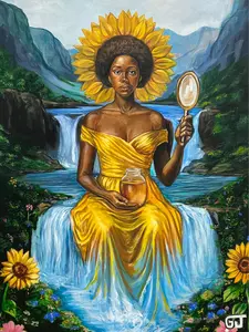 Golden Goddess Acrylic Painting 24"x36" Hand-Painted Artwork with Rich Golden Hues Intricate Details for Home Office Decor