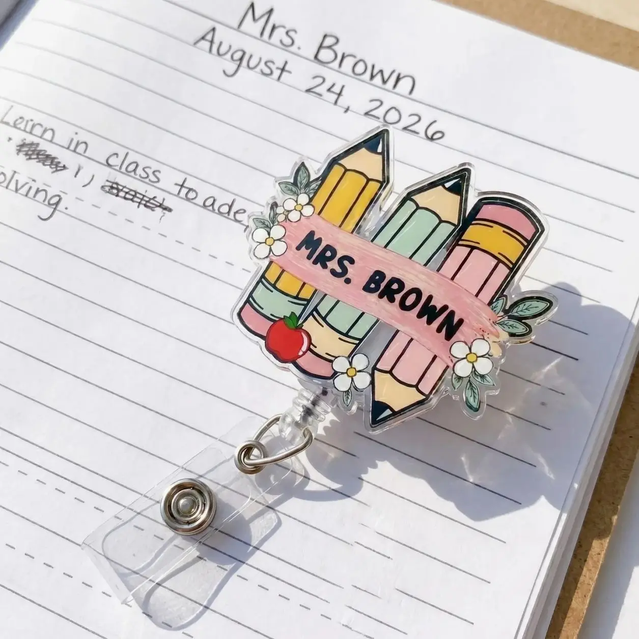 Personalized Pencil Teacher Badge Reel, Custom Name Acrylic Badge Holder, Teacher ID Clip, New Teacher Gift, Back to School Gift