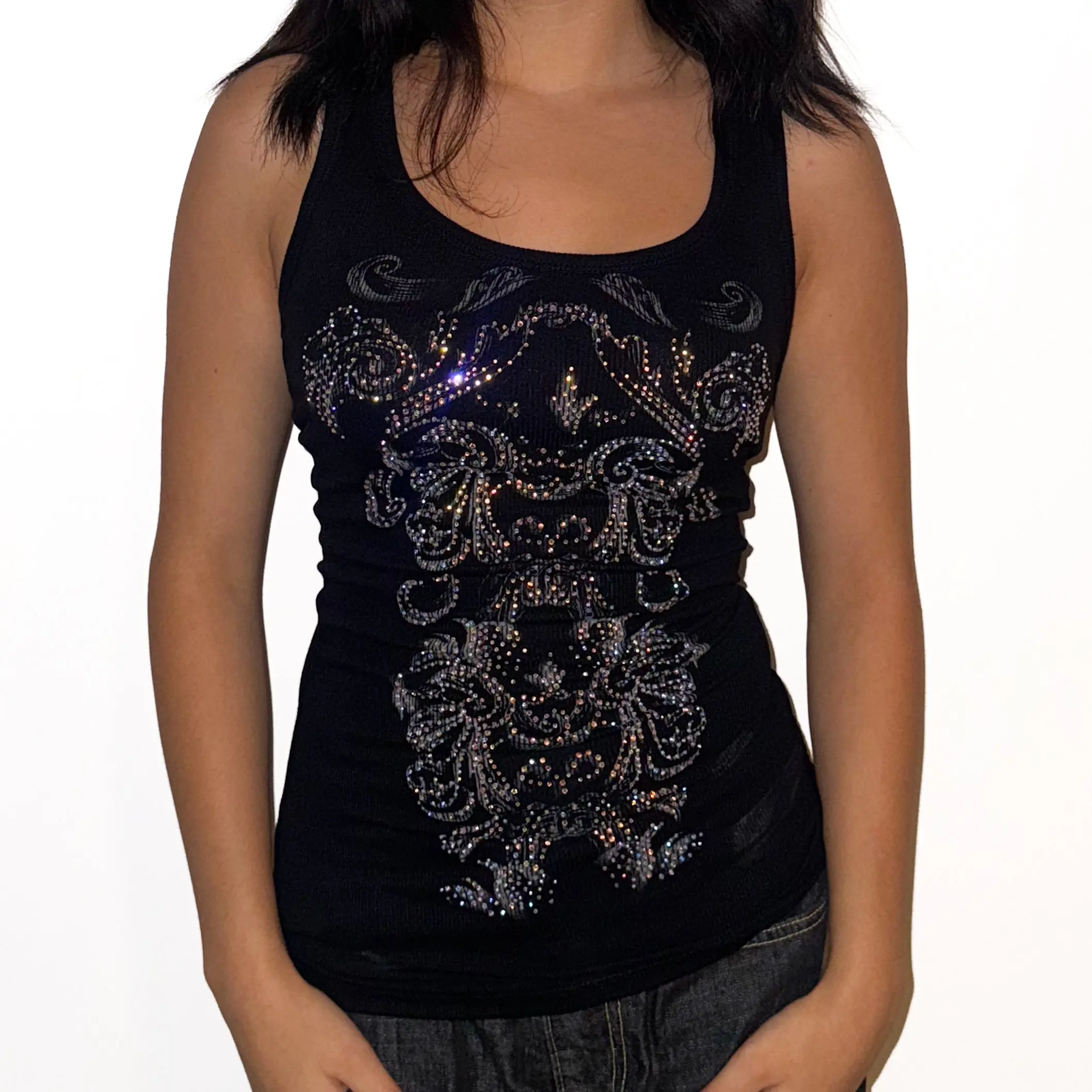 Obsessed Rhinestone Rib Knit Cotton Tank Top
