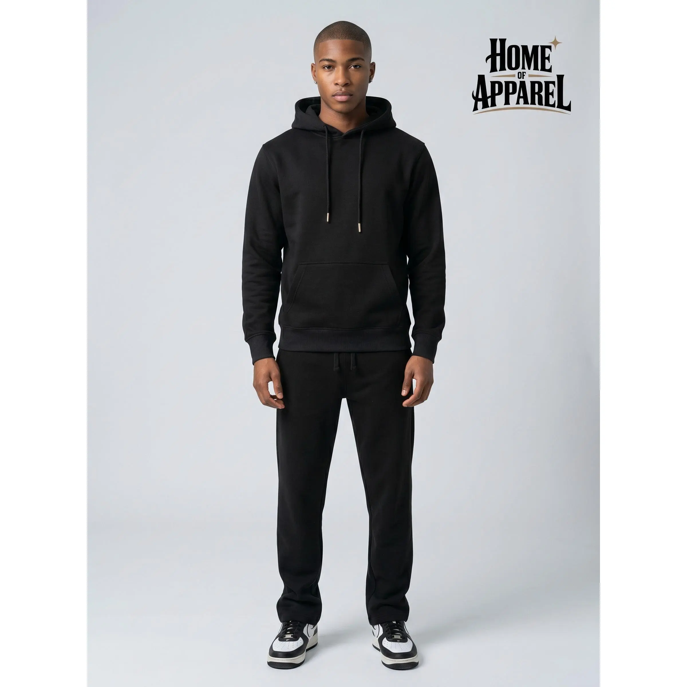Premium Black Heavy-Weight Cotton Fleece Sweatsuit, Long-Sleeve, Elastic Waistband, Breathable, Drawstring, for Everyday Wear
