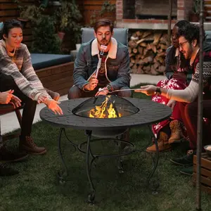 35.5" 4-in-1 Outdoor Fire Pit Dining Table BBQ Grill Ice Bucket Wood Burning Heater with Cooking Grate Poker Heavy-Duty Steel Rust-Resistant Powder Coat Adjustable Foot Pads for Stability