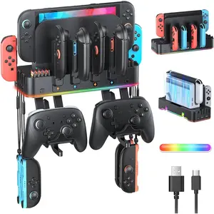 [ 2/1/OLED Compatible] RGB  2 (2025) Wall Mount Kit for Joycon Charger, Switch2 Controller Organizer Accessories with 15 Light Modes, 2 USB Ports, 10 Card Slots, NS2 Store Stand Behind TV