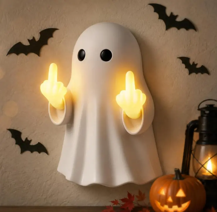 Glowing Halloween Ghost Statue with Middle Finger, Resin Ghost Figurine Tabletop & Wall Mount Decor, Warm LED Light, Funny Spooky Ornament for Home Office Mantel, Ideal Holiday Gift
