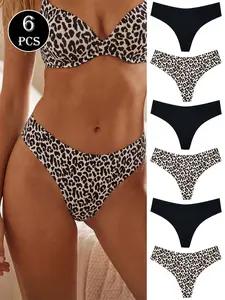 6 Pack Women's Thongs - Panties, Black & Animal Print Seamless Smooth Low Rise No Show Fit Underwear Set Leopard