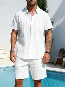 Men's Summer Linen Jacquard Loose Striped Short Sleeve Shirt and Beach Shorts Set, Comfortable, Casual, Stylish and Menswear for Men