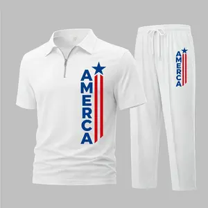 Men's America Print Waffle Knit Polo Shirt and Athletic Pants Set, Short Sleeve Zip-Up Collar Two-Piece Outfit, Casual Sportswear, Lightweight Breathable Comfortable Daily Wear Travel Loungewear