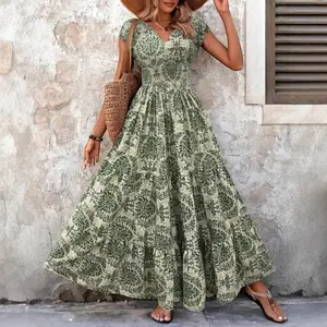 2026 Summer Fashion Printed Long Dress V-neck Long Sleeve Flared Dress