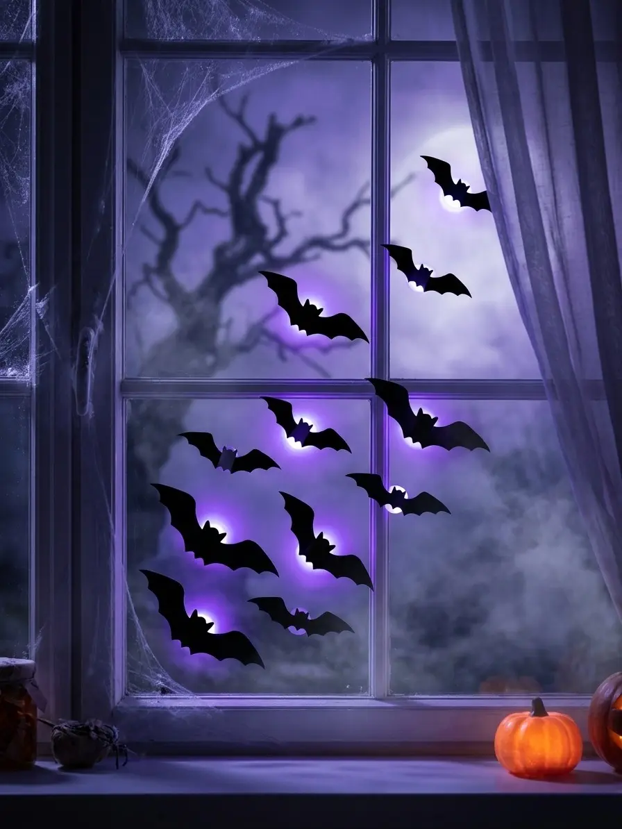 12-Piece Removable 3D LED Bat Silhouette Decorative Set, Halloween Decor for Home Windows and Walls, Multi-Size