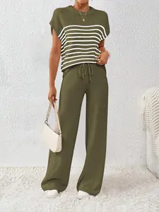 Women's Loose-Fitting Contrast Color Drawstring Knit Sweater Set, Casual Fashion Pullover for Fall & Winter, Comfortable Daily Wear