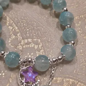 Aquamarine Beaded Bracelet with Purple Star Charm and Silver Accents for Women