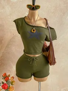 YULENA Pentagram Jacquard Oblique Strap Tunic Drawstring Waistband Pair Preppy Look