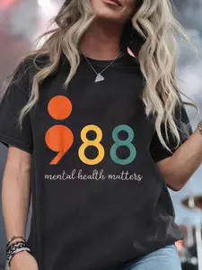 988 Semicolon Mental Health Matters Suicide Prevention T-Shirt Print T-Shirt Casual Crew Neck Short Sleeve Comfort Tee Top For Spring & Summer Women's Clothing