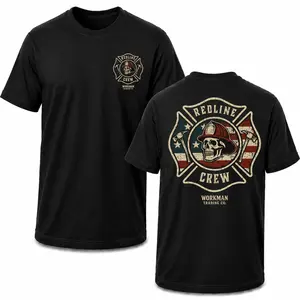 Redline Crew Firefighter Skull Graphic T-Shirt, Vintage Fire Department Maltese Cross Tee, Patriotic Firefighter Pride Shirt, Front and Back Print Soft Cotton Apparel for Men.