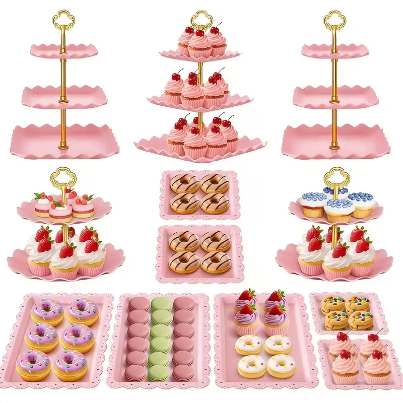 sebastian CADIA, 12-piece pink dessert table display set, Plastic cake stand, 3-tier cake tower & 2-tier cake rack & trays , suitable for cookies, candies, tea parties, baby showers and birthdays