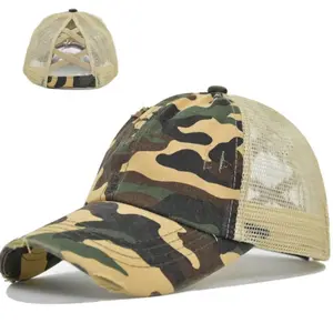 Faded Cotton Trucker Hat Camo with Mesh Back and PonyTail Crossing