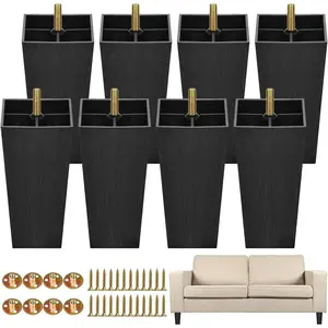 8 Pack 5.7 Inch Plastic Furniture Legs Square Tapered Sofa Feet with M8 T-Nuts Screws for Sofas Chairs Cabinets Dressers Beds Black