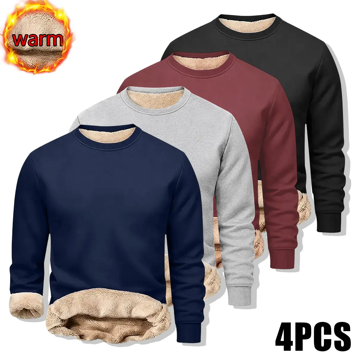Men’s Crew Neck Fleece Lined Sweatshirt 4 Pack, Thick Warm Long Sleeve Pullover Tops, Heavy Duty Thermal Shirts for Worksite & Outdoor Labor