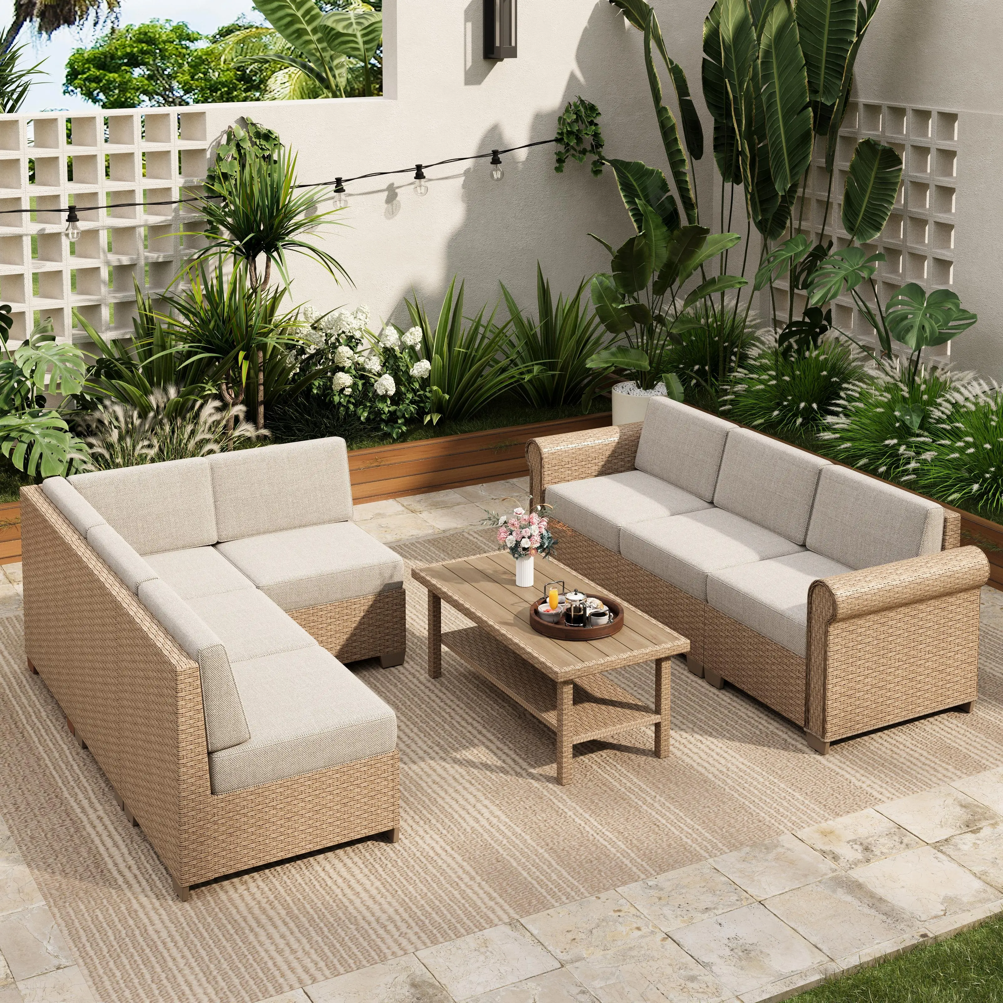 PHIVILLA Patio Rattan Sofa Set, 2-7 Seats Wicker Rattan Sofa with 5.5" Thick Waterproof Cushions, All Weather Outdoor Conversation Set for Lawn Backyard Garden and Deck, Beige, SpringGlowUp