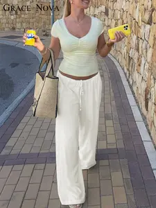 Women's Wide-Leg Pants, High-Waisted Drawstring Design, Loose Fit Casual Comfortable Summer & Fall Fashion, Stylish Daily Wear
