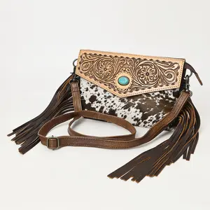 American Darling Western Envelop Bag Handcrafted from Hair-On Cowhide & Hand-Tooled Leather | Long Fringe & Turquoise Concho Accent
