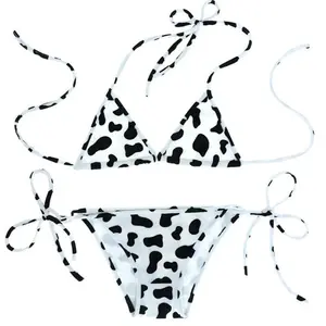 Womens Bikini Set Japanese Style Cute Milk Cow Dotted Mini Bikini Sets Underwear Halter Neck Bras Top with Briefs Panty