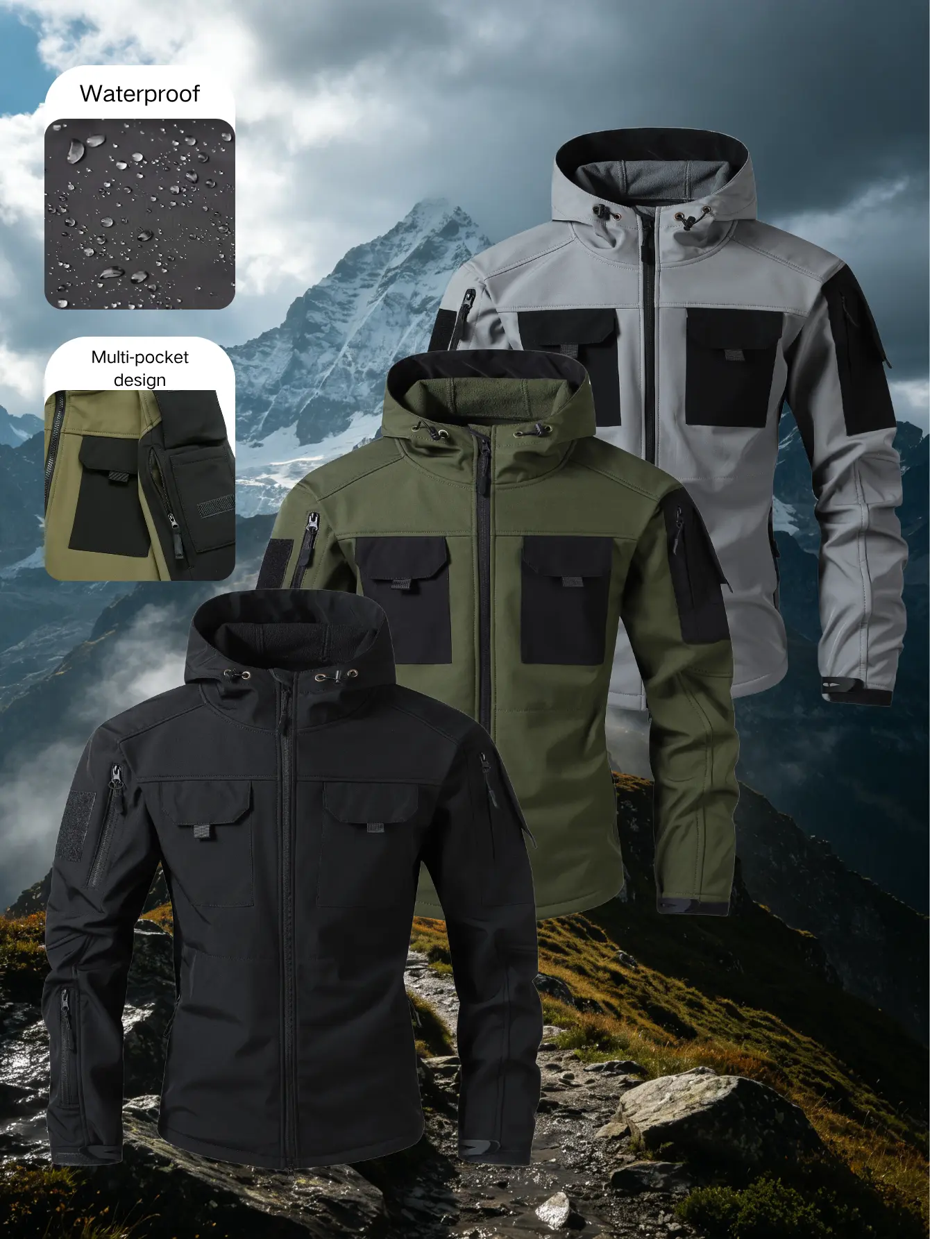 Men’s Tactical Multi-Pocket Hooded Jacket - Polyester Clothes, Water-Resistant, Windproof Outerwear for Outdoor Work, Mountaineering (Colorblock, Plain Options)