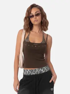 Aelfric Eden Leopard Halter Studded Cami Top Slim Fit Contrast Leopard Print Panel & Studded Detail Halter Neck Tie Casual Y2K Retro Streetwear Top,summerwins,summeroutfits,vacationoutfits,beachoutfits