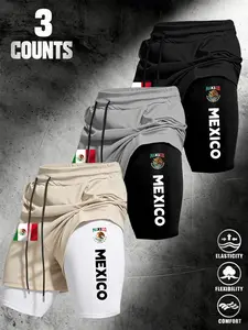 3-Pack Men's American Style Mexico Badge Dual-Layer Workout Shorts, Mesh Outer Pants + Compression Lining, High Elastic Breathable, Multi-Color Set