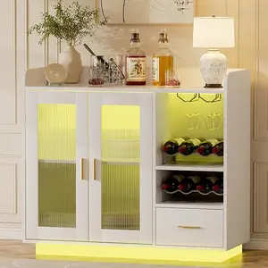 Wine Bar Cabinet with LED Lights, Floating Coffee Bar Cabinet with Wine and Glass Rack, Modern Liquor Storage Cabinet with Glass Doors and Drawers for Living Room, Black
