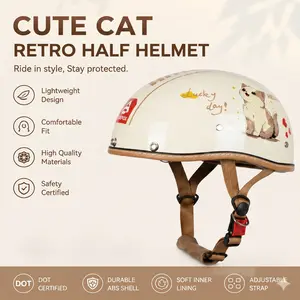 QUICKOOL DOT-Certified Retro Half Helmet, Cute Cat Graphic, Leather Trim, for Women & Couples, Unisex, Compatible with Scooters, Mopeds & E-Bikes