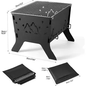 Portable Folding Charcoal Grill for Camping, BBQ, Hiking - Includes Carry Bag