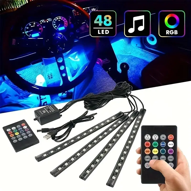 RGB Car Interior Lights USB Ambient Lighting Kit, App Controlled LED Strip Lights with Music Sync, Car Atmosphere Lights for Dashboard Footwell Decor