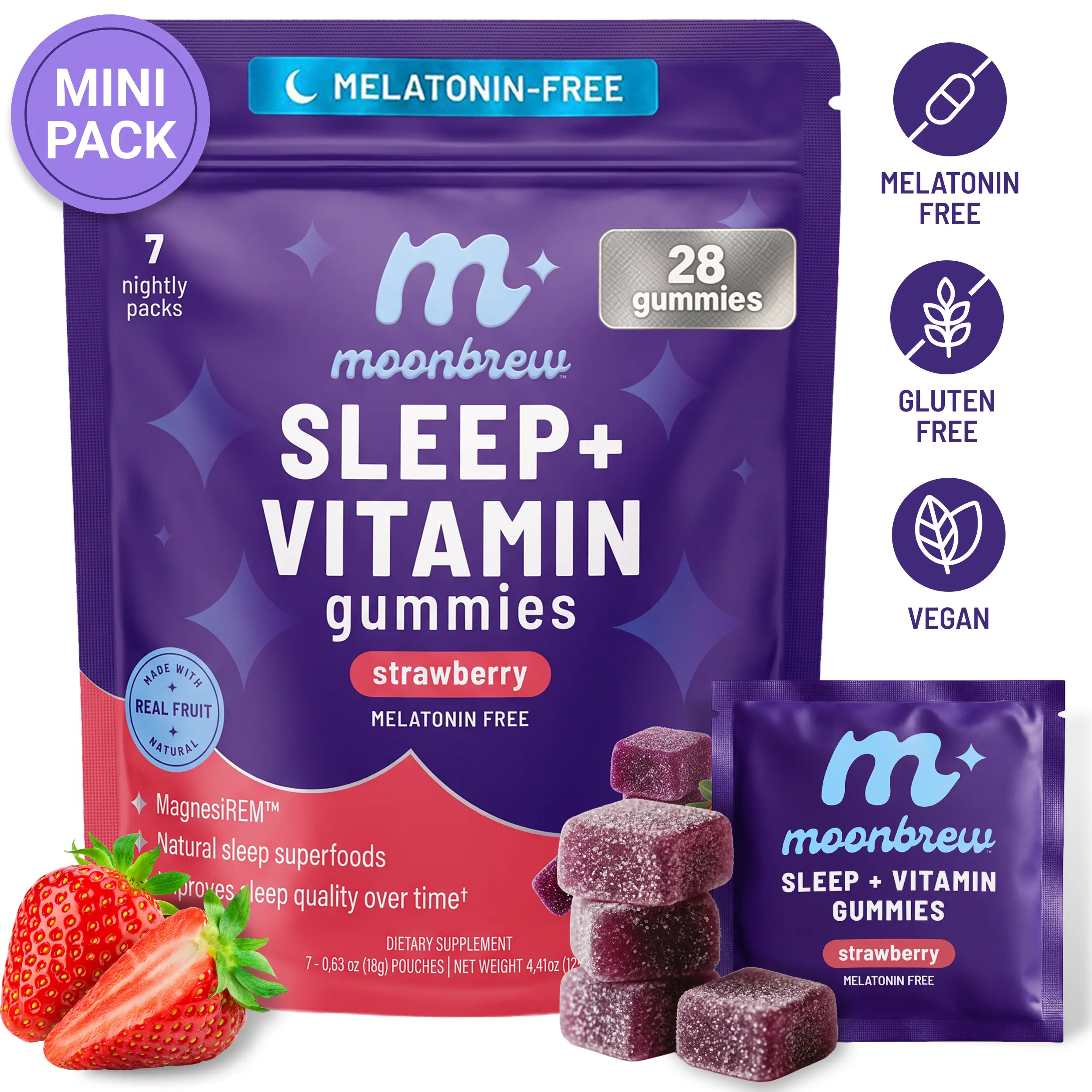 MoonBrew Sleep Gummies, Melatonin-Free with Magnesium Glycinate, L-Theanine & GABA + 8 Vitamins & Minerals, Strawberry, Vegan & Gluten-Free