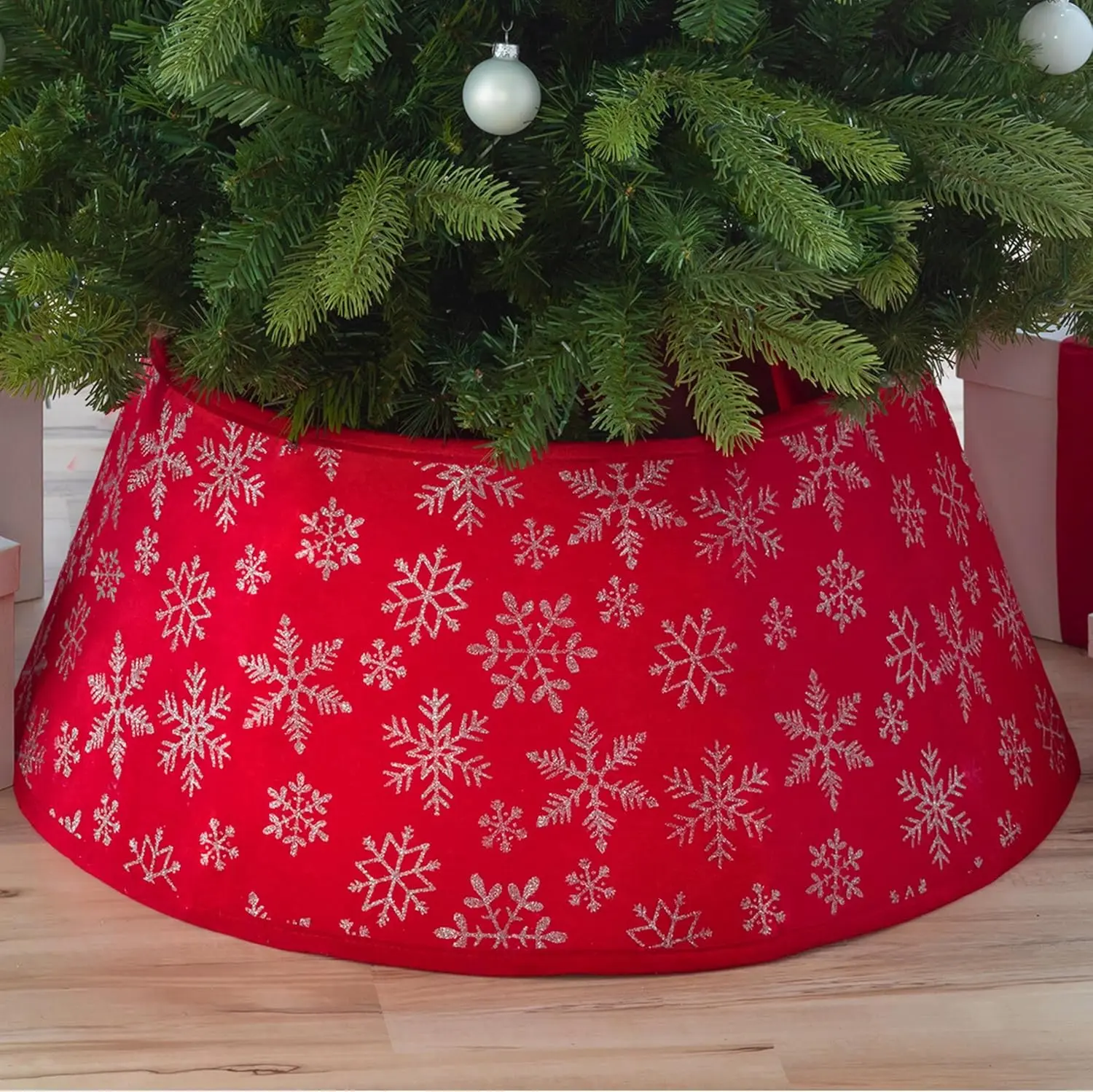 New Traditions Red Velvet Christmas Tree Collar with Silver Glitter Snowflakes – 26" Diameter Fabric Stand Band for Artificial & Natural Trees – Tree Skirt Alternative, Collapsible