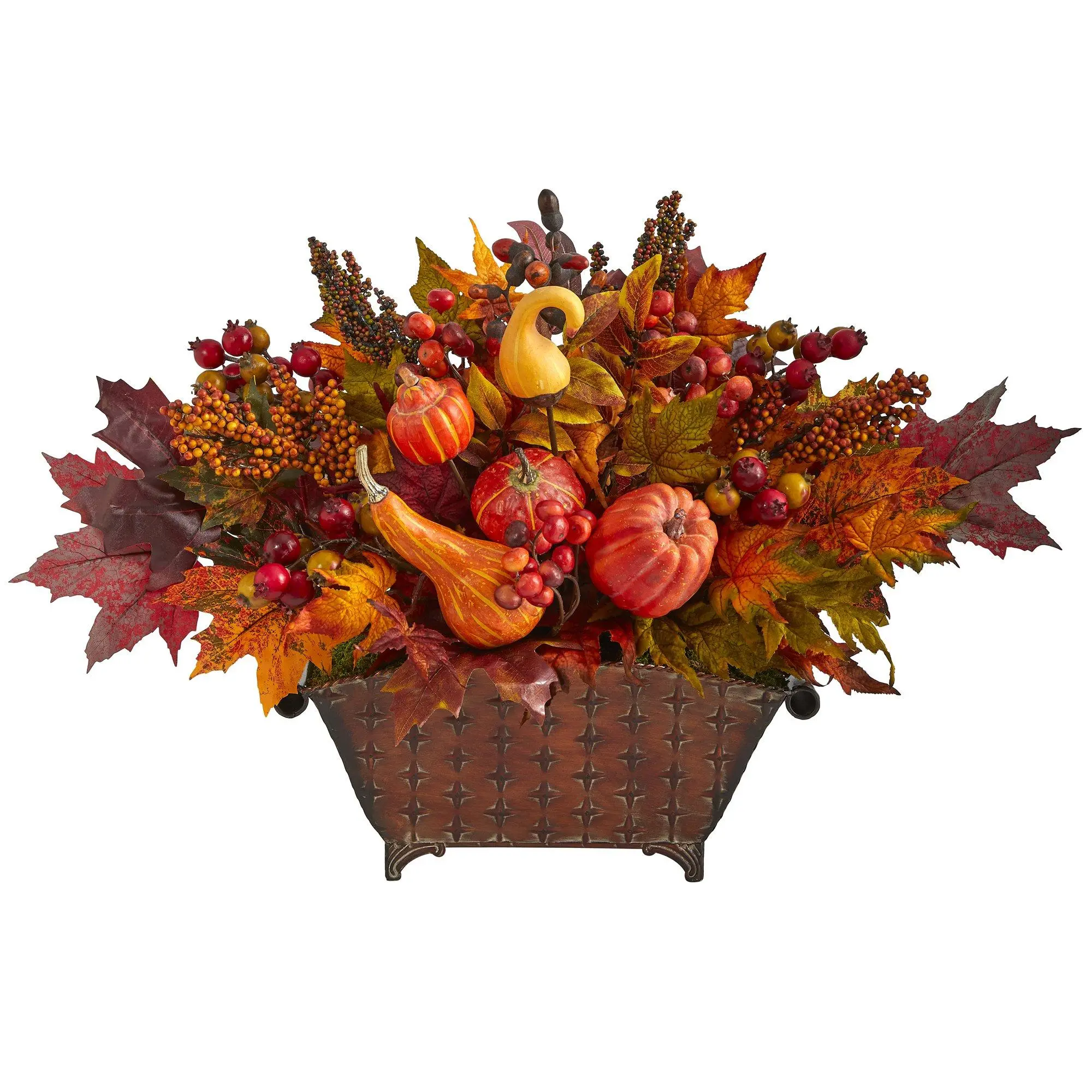 27in Wide Artificial Floral Assortment Set - Decorative Synthetic Pumpkin, Fall Leaves Artificial Flowers, Berries in Metal Vase, Floral Decorative Flowers Plants & Fruit, Dining Room Home Decor, Ideal Gift, Artificial Plants, Ornaments