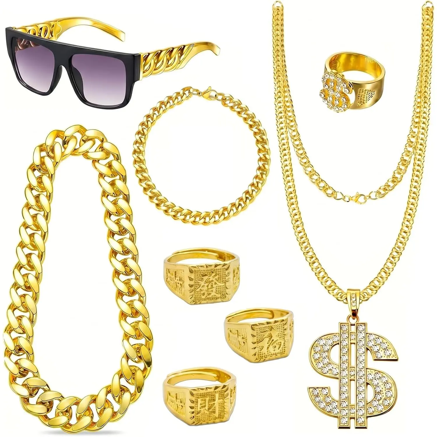 8Pcs Men Vintage Hip Hop Accessory Kit, 80s 90s Style Dollar Pendant Chain, Bracelets, Rings and Flat Top Sunglasses, Costume Accessories for Halloween Party